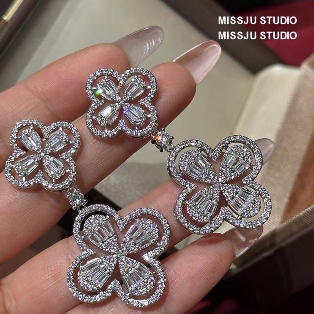 MISSJU Studio Silver Crystal Four-Leaf Drop Earrings